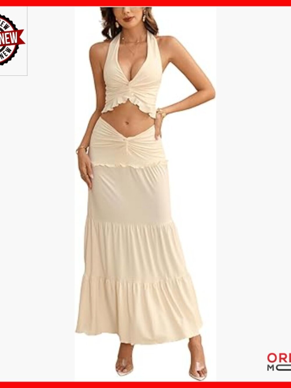 Tie Back Halter Crop Top & Ruffle Maxi Skirt Set - Vacation Outfit